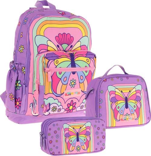 Kids Dört Bölmeli Okul Çantası + Beslenme +Kalemlik Seti (Kelebek - Kız Çocuk - Mor Pembe)
