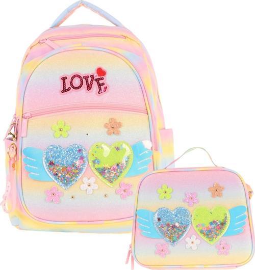 Kids Dört Bölmeli Okul Çantası ve Beslenme Çantası Seti - Simli Kalp ve Çiçek Detaylı - Kız Çocuk (L5213+L7213)