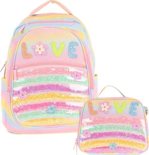 Kids Dört Bölmeli Okul Çantası ve Beslenme Çantası Seti - Simli Pullu Love Baskılı - Kız Çocuk (L5214+L7214)