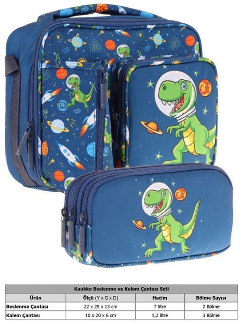 Kids Erkek Çocuk Lacivert Yeşil Dinazor Baskılı Üç Bölmeli Thermo Beslenme Çantası ve Kalemlik Seti (L7252+L8252)