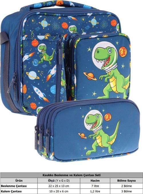 Kids Erkek Çocuk Lacivert Yeşil Dinazor Baskılı Üç Bölmeli Thermo Beslenme Çantası ve Kalemlik Seti (L7252+L8252)