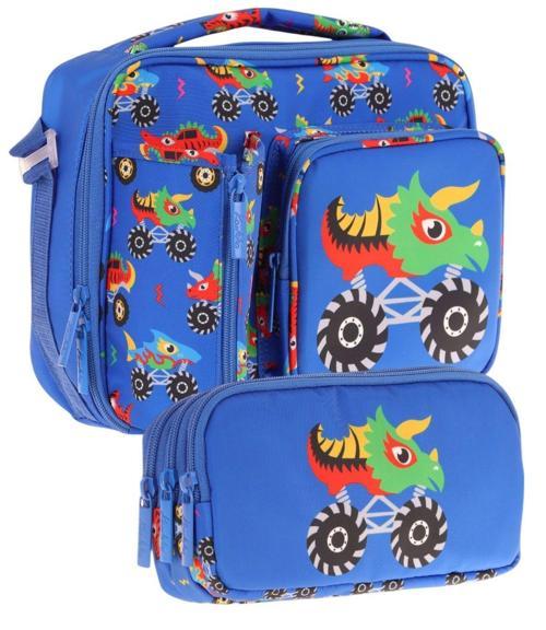 Kids Erkek Çocuk Mavi Yeşil Canavar Üç Bölmeli Thermo Beslenme Çantası ve Kalemlik Seti (L7255+L8255)