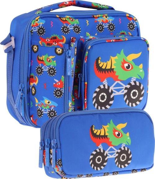 Kids Erkek Çocuk Mavi Yeşil Canavar Üç Bölmeli Thermo Beslenme Çantası ve Kalemlik Seti (L7255+L8255)