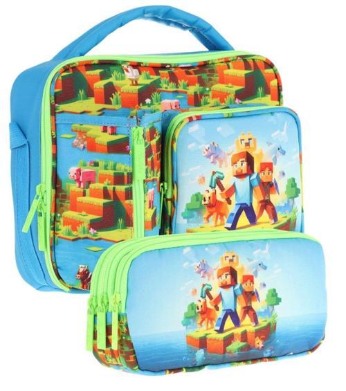 Kids Erkek Çocuk Mavi Yeşil Craft Desenli Üç Bölmeli Thermo Beslenme Çantası ve Kalemlik Seti (L7280+L8280)