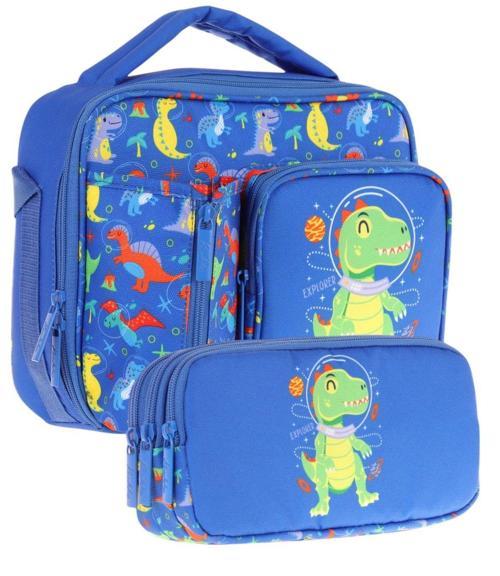Kids Erkek Çocuk Mavi Yeşil Dinazor Baskılı Üç Bölmeli Thermo Beslenme Çantası ve Kalemlik Seti (L7262+L8262)