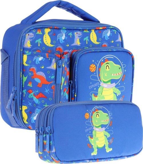 Kids Erkek Çocuk Mavi Yeşil Dinazor Baskılı Üç Bölmeli Thermo Beslenme Çantası ve Kalemlik Seti (L7262+L8262)