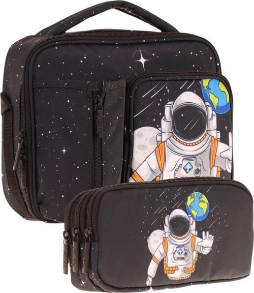 Kids Erkek Çocuk Siyah Beyaz Astronor Üç Bölmeli Thermo Beslenme Çantası ve Kalemlik Seti (L7253+L8253)