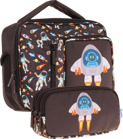 Kids Erkek Çocuk Siyah Roket Baskılı Üç Bölmeli Thermo Beslenme Çantası ve Kalemlik Seti (L7264+L8264)