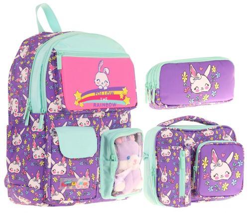 Kids Kız Çocuk İlkokul Okul Çantası Seti - Peluş Tavşanlı - Mor Yeşil (L5242+L7242+L8242)