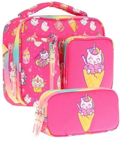 Kids Kız Çocuk Kırmızı Dondurma Desenli Üç Bölmeli Thermo Beslenme Çantası ve Kalemlik Seti (L7227+L8227)