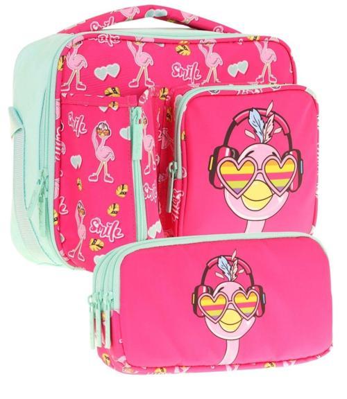 Kids Kız Çocuk Kırmızı Yeşil Flamingo Desenli Üç Bölmeli Thermo Beslenme Çantası ve Kalemlik Seti (L7235+L8235)