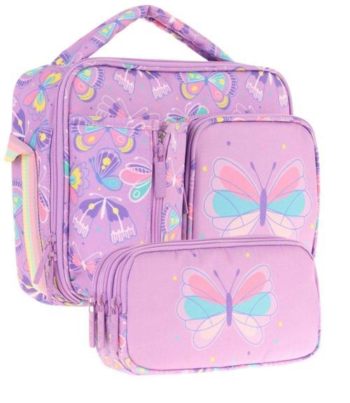 Kids Kız Çocuk Lila Kelebek Desenli Üç Bölmeli Thermo Beslenme Çantası ve Kalemlik Seti (L7222+L8222)