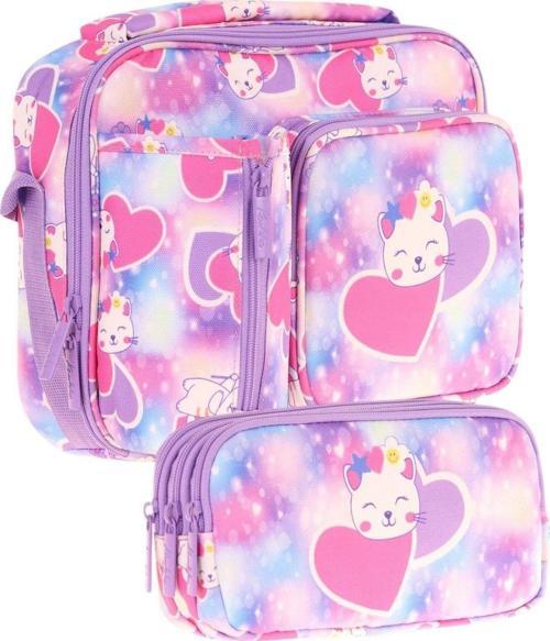 Kids Kız Çocuk Lila Pembe Kalpli Kedi Baskılı Üç Bölmeli Thermo Beslenme Çantası ve Kalemlik Seti (L7219+L8219)