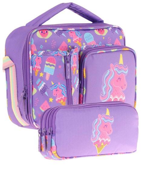 Kids Kız Çocuk Lila Pembe Unicorn Desenli Üç Bölmeli Thermo Beslenme Çantası ve Kalemlik Seti (L7224+L8224)