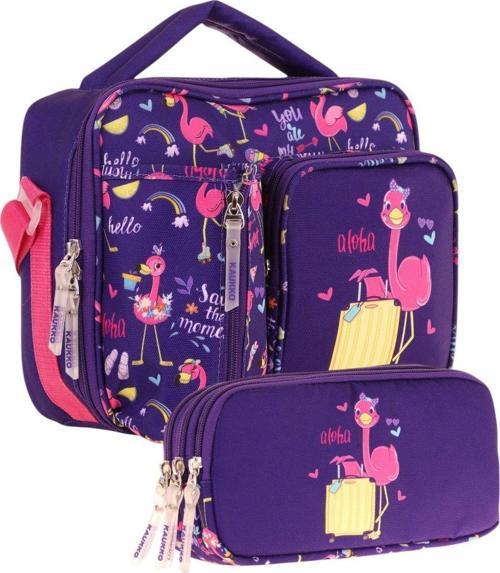 Kids Kız Çocuk Mor Pembe Flamingo Baskılı Üç Bölmeli Thermo Beslenme Çantası ve Kalemlik Seti (L7223+L8223)