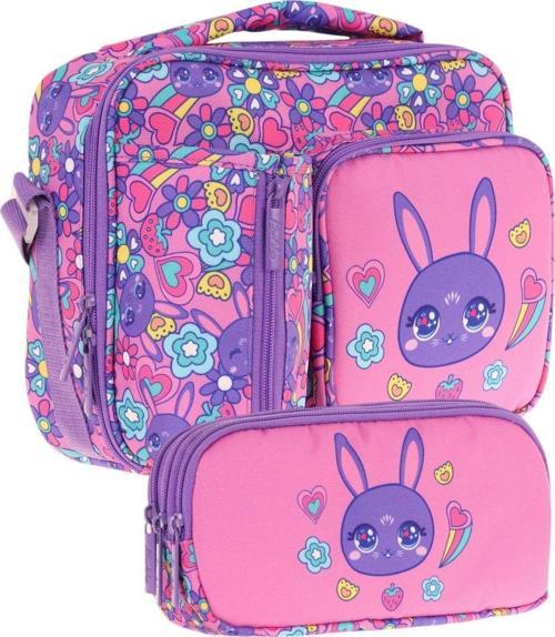 Kids Kız Çocuk Mor Pembe Tavşan Baskılı Üç Bölmeli Thermo Beslenme Çantası ve Kalemlik Seti (L7220+L8220)