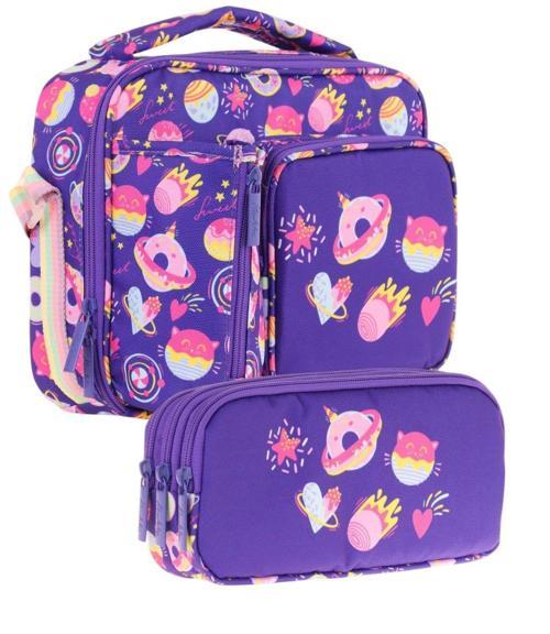 Kids Kız Çocuk Mor Şekerlemeler Üç Bölmeli Thermo Beslenme Çantası ve Kalemlik Seti (L7216+L8216)