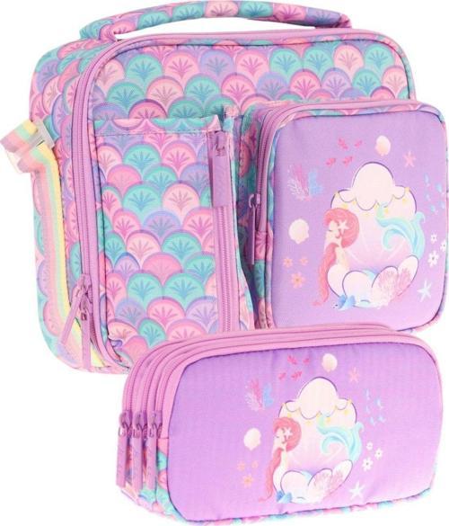 Kids Kız Çocuk Mor Yeşil Denizkızı Üç Bölmeli Thermo Beslenme Çantası ve Kalemlik Seti (L7225+L8225)