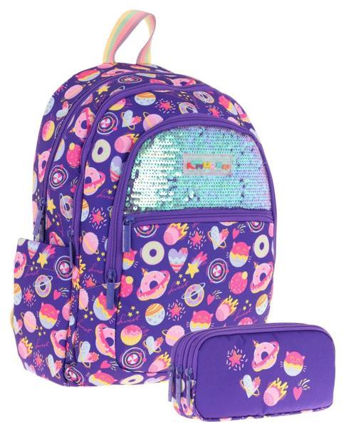 Kids Kız Çocuk Okul Çantası ve Üç Bölmeli Kalemlik Seti (Mor - Pullu Şekerleme) - (L5216+L8216)
