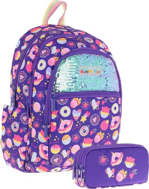 Kids Kız Çocuk Okul Çantası ve Üç Bölmeli Kalemlik Seti (Mor - Pullu Şekerleme) - (L5216+L8216)