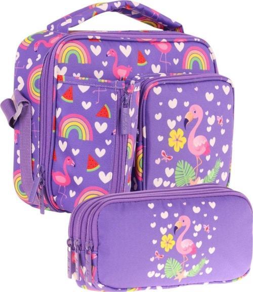 Kids Kız Çocuk Pembe Mor Flamingo Üç Bölmeli Thermo Beslenme Çantası ve Kalemlik Seti (L7226+L8226)