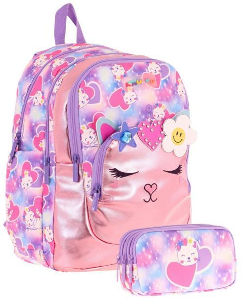 Kids Kız Çocuklar İçin Sırt Çantası ve Kalemlik Seti - Kedi Şekilli - Pembe Mor - (L5219+L8219)