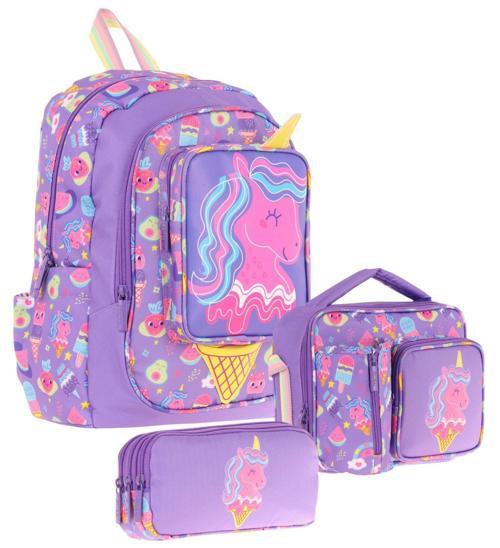 Kids Kız Çocuklara Özel (Mor Sarı - Unicorn Detaylı) Üçlü Okul Çantası Seti