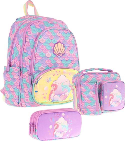 Kids Kız Çocuklara Özel (Pembe Yeşil - Denizkızı Nakışlı ve Baskılı) Üçlü Okul Çantası Seti