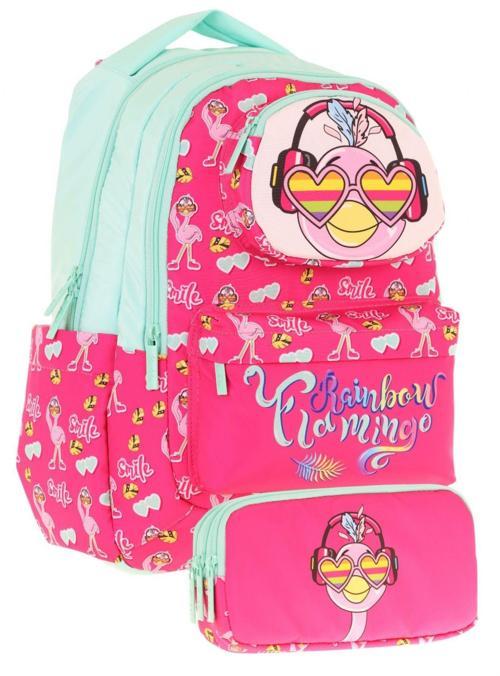 Kids Toys Kız Çocuk Kırmızı Yeşil 3D Flamingo Şekilli İlkokul Çantası ve Kalemlik Seti (L5235+L8235)