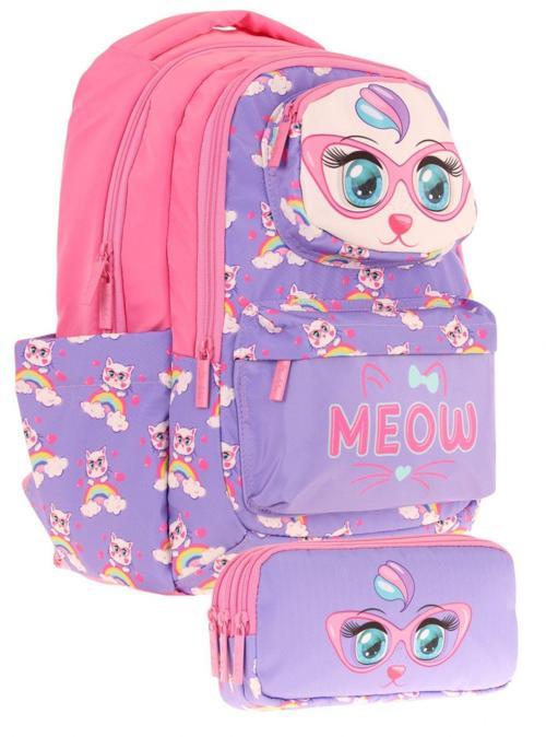 Kids Toys Kız Çocuk Mor Pembe 3D Kedi Şekilli İlkokul Çantası ve Kalemlik Seti (L5236+L8236)
