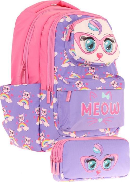 Kids Toys Kız Çocuk Mor Pembe 3D Kedi Şekilli İlkokul Çantası ve Kalemlik Seti (L5236+L8236)