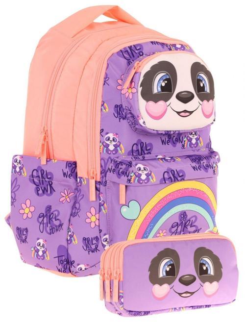 Kids Toys Kız Çocuk Mor Somon 3D Panda Şekilli İlkokul Çantası ve Kalemlik Seti (L5233+L8233)
