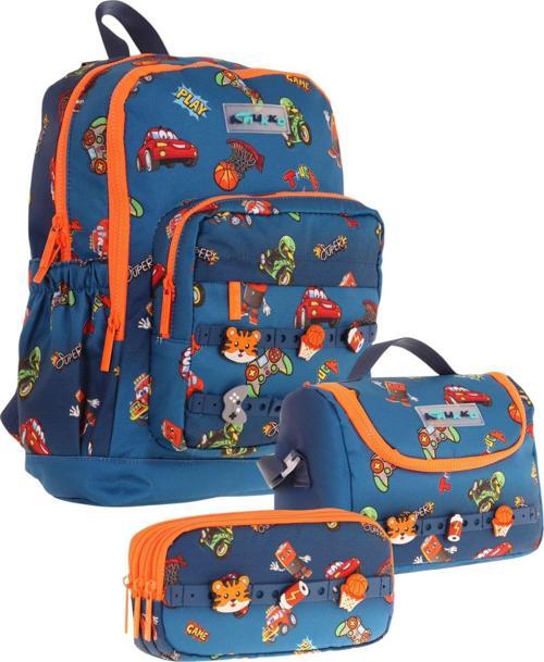 Kids Üçlü İlkokul 1.2.3.4. Sınıf Okul Çanta Seti - Lacivert Turuncu - Erkek Çocuk - Silikon Aksesuarlı