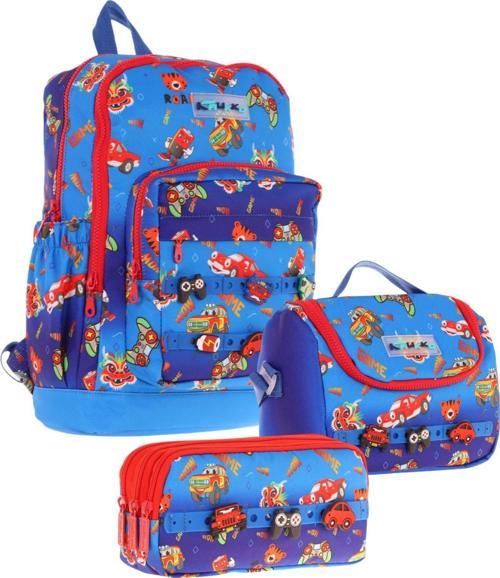 Kids Üçlü İlkokul 1.2.3.4. Sınıf Okul Çanta Seti - Mavi Kırmızı - Erkek Çocuk - Silikon Aksesuarlı