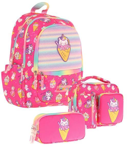 Kids Üçlü Kız Çocuk İlkokul Okul Çantası Seti (L5227+L7227+L8227) Pembe - Kauçuk Dondurma