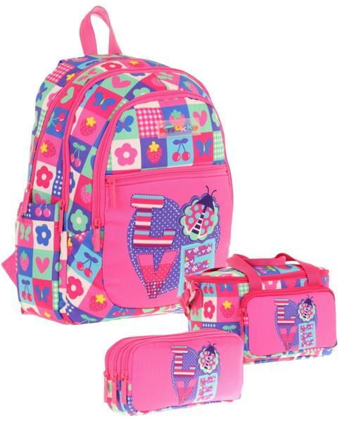 Kids Üçlü Kız Çocuk İlkokul Okul Çantası Seti (L5229+L7229+L8229) Pembe Mavi - Love Desenli
