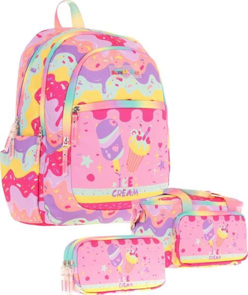 Kids Üçlü Kız Çocuk İlkokul Okul Çantası Seti (L5232+L7232+L8232) Pembe Sarı - Dondurma Baskılı
