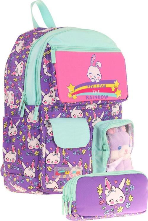 Kız Çocuk Beş Bölmeli Okul Çantası ve Üç Bölmeli Kalemlik Seti - Peluş Tavşanlı - Mor Yeşil