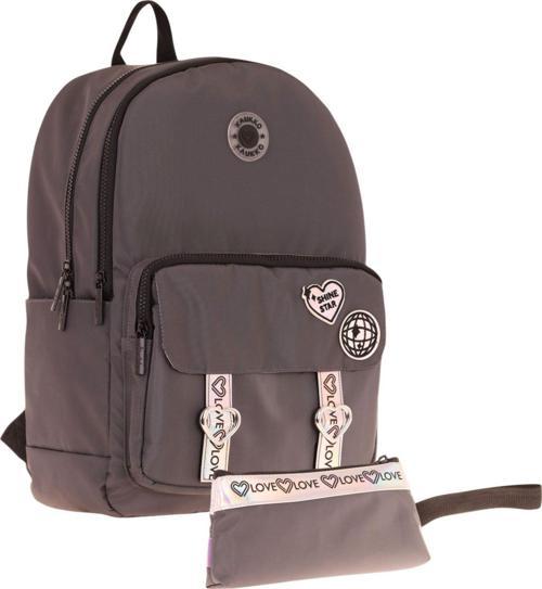 Parlak Love Şeritli Gri Okul Çantası ve Cüzdan Tipi Kalemlik Seti (KK-K1842+KK-K2753)