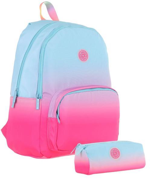 Renk Geçişli Mavi Pembe Kız Çocuk Okul Çantası ve Kalemlik Seti (KK - K1797+KK - K2708)