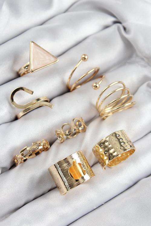 Pirinç Üçgen Model Gold Renk Kadın Yüzük Kombin Set 00048