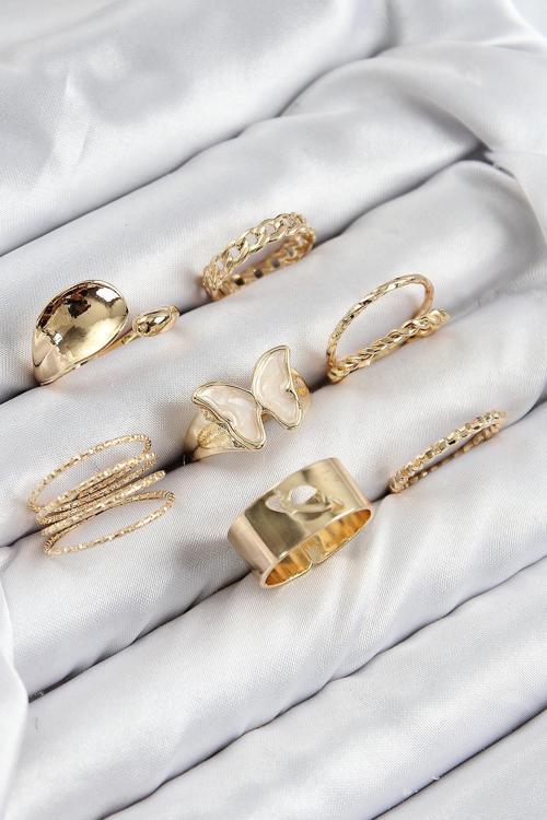 Pirinç Kelebek Model Gold Renk Kadın Yüzük Kombin Set 00042