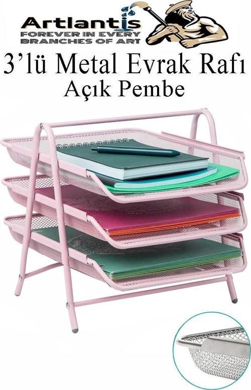 Evrak Rafı Metal 3 lü Pembe 1 Paket Masaüstü A4 Dosya Düzenleyici Kağıt Tepsisi Metal Çelik Fileli Dört Katlı Hareketli
