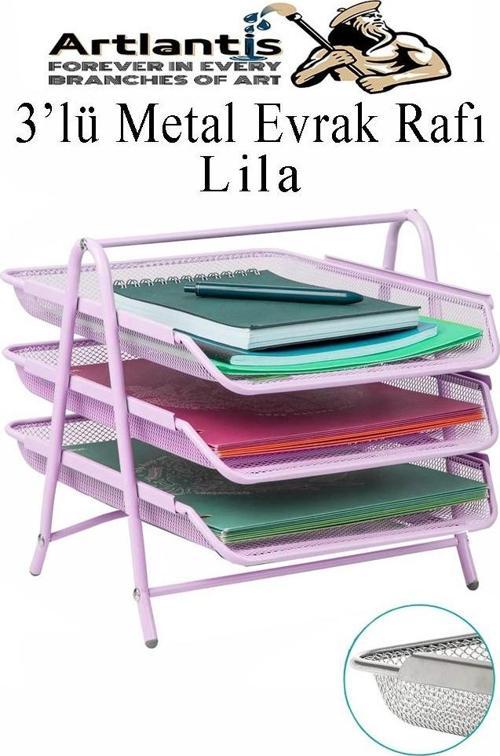 Evrak Rafı Metal 3 lü Lila 1 Paket Masaüstü A4 Dosya Düzenleyici Kağıt Tepsisi Metal Çelik Fileli Dört Katlı Hareketli