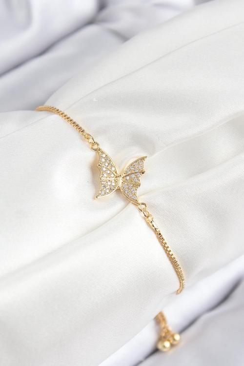Pirinç Zirkon Taşlı Kelebek Model Gold Renk Asansörlü Kadın Bileklik 00062