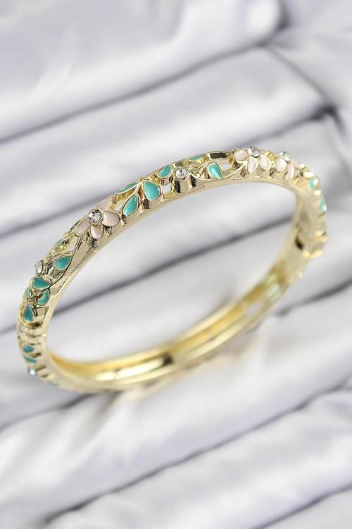Mineli Pirinç Zirkon Taşlı Turkuaz Çiçek Motifli Gold Kadın Kelepçe 00094