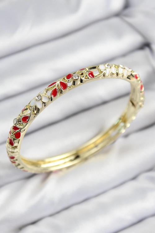 Mineli Pirinç Zirkon Taşlı Kırmızı Çiçek Motifli Gold Kadın Kelepçe 00100