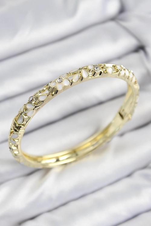 Mineli Pirinç Zirkon Taşlı Beyaz Çiçek Motifli Gold Kadın Kelepçe 00098