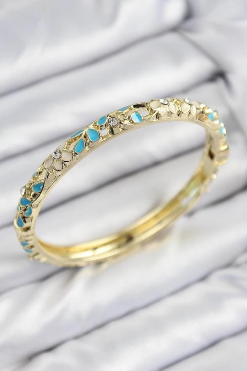 Mineli Pirinç Zirkon Taşlı Turkuaz Krem Çiçek Motifli Gold Kadın Kelepçe 00089