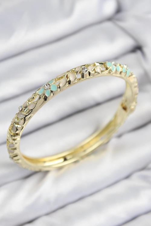 Mineli Pirinç Zirkon Taşlı Yeşil Krem Çiçek Motifli Gold Kadın Kelepçe 00090